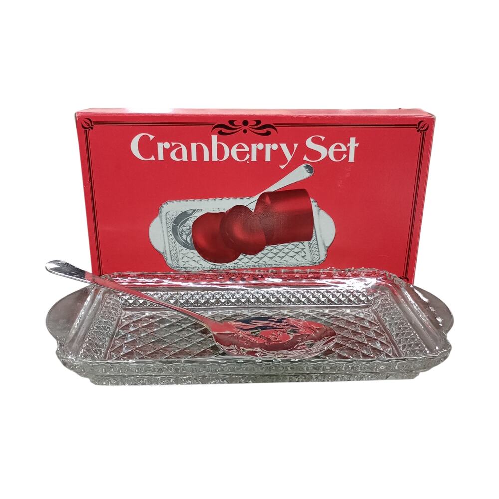 Vintage 70s Leonard Crystal Cranberry Serving Set Stainless Spoon Crystal Dish